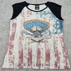 Vintage Harley Davidson Womens American Flag‎ T-Shirt Size Large Ft. Myers